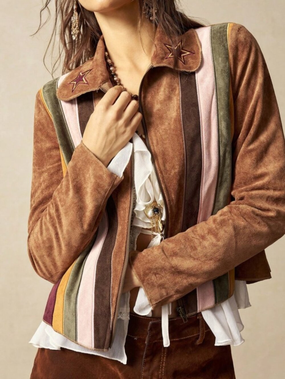 Brown Vegan Suede Butterfly Embroidered Cropped Trucker Jacket - Picture 4 of 8